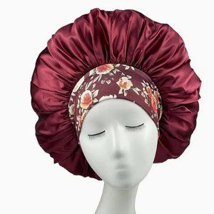 Women Satiny Bonnets for Sleeping White Burgundy Floral Band
